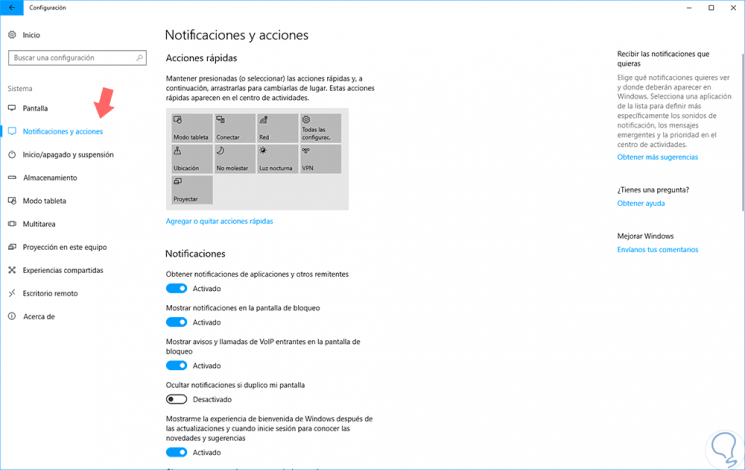 Organizar botones de acción rápida Windows 10 Action Center - Solvetic